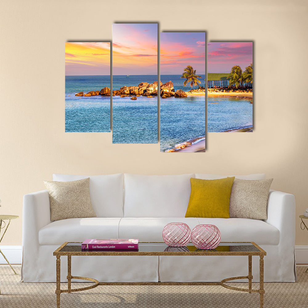 Sunrise Tropical Landscape Sea, Granite Rocky Beaches On Tropical Sea Multi Panel Canvas Wall Art