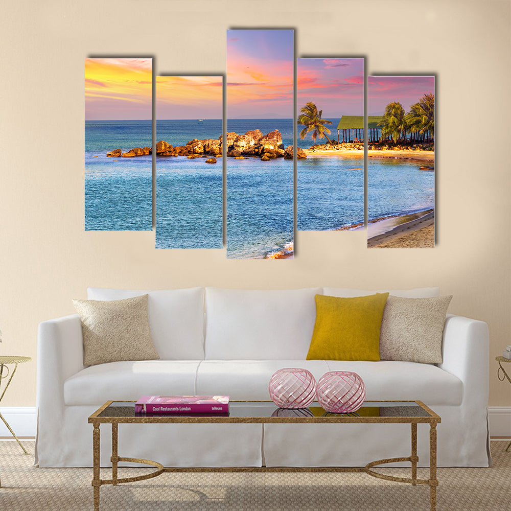Sunrise Tropical Landscape Sea, Granite Rocky Beaches On Tropical Sea Multi Panel Canvas Wall Art