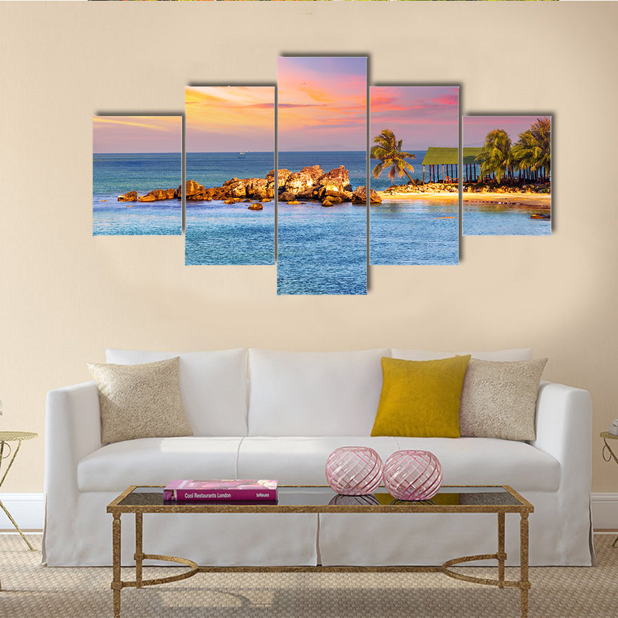 Sunrise Tropical Landscape Sea, Granite Rocky Beaches On Tropical Sea Multi Panel Canvas Wall Art