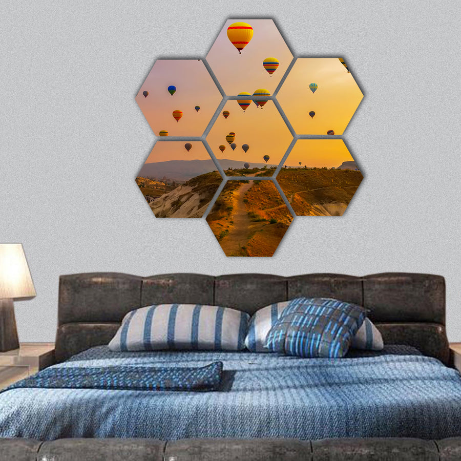 Hot air balloons landing in Cappadocia Goreme Park hexagonal canvas wall art