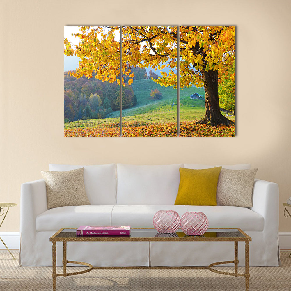 Beautiful landscape with magic autumn trees and fallen leaves Multi panel canvas wall art