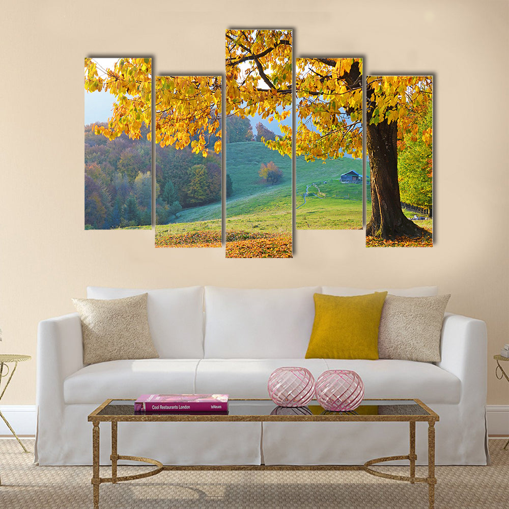 Beautiful landscape with magic autumn trees and fallen leaves Multi panel canvas wall art