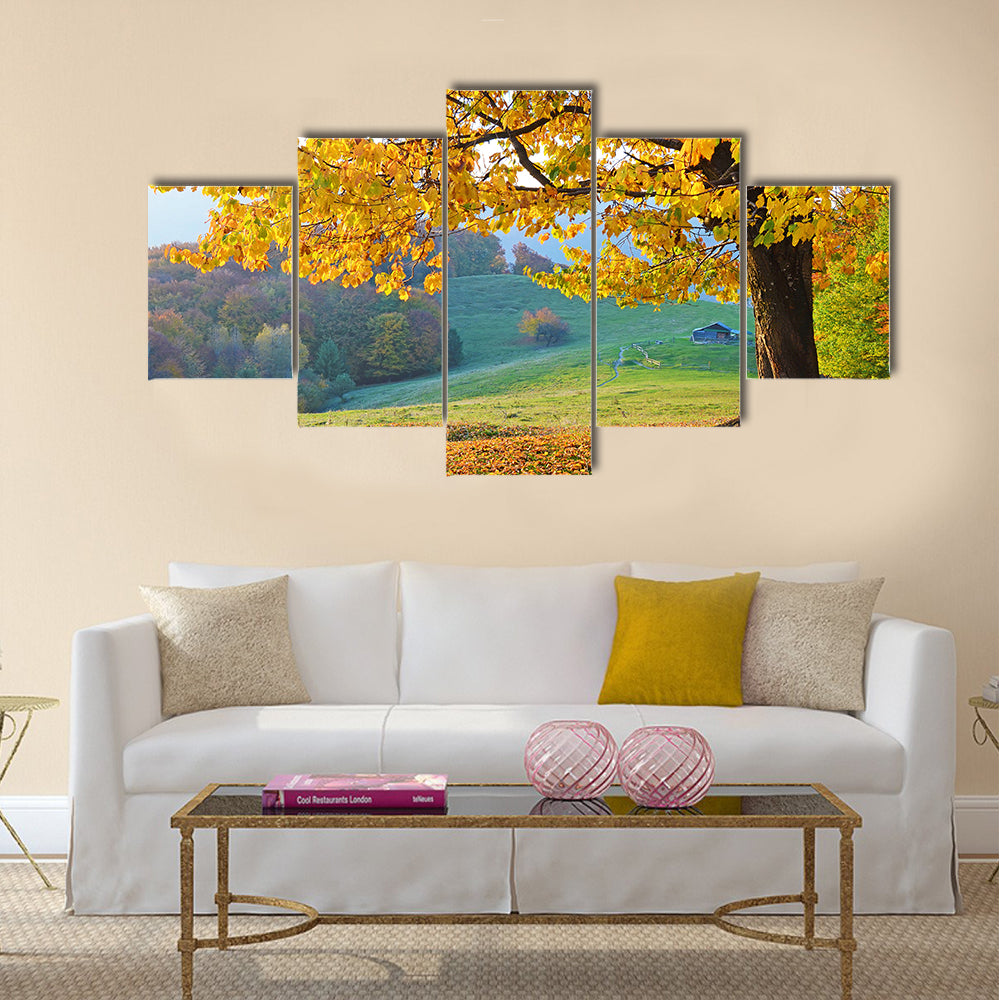 Beautiful landscape with magic autumn trees and fallen leaves Multi panel canvas wall art