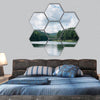 Forest lake under blue cloudy sky hexagonal canvas wall art