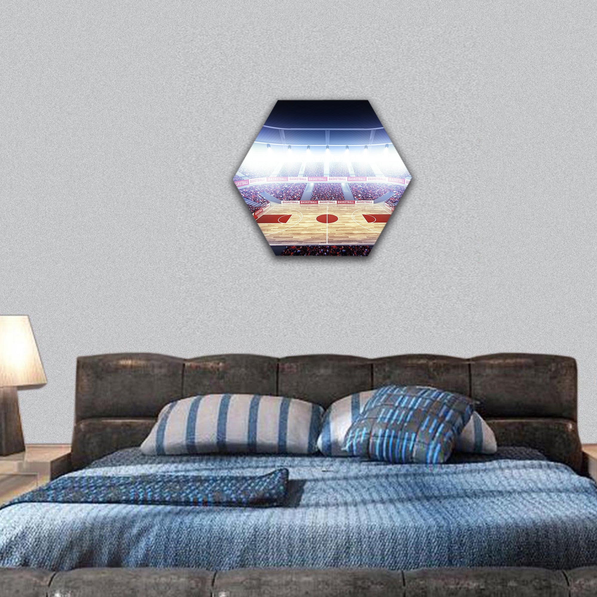 An imaginary basketball arena hexagonal canvas wall art