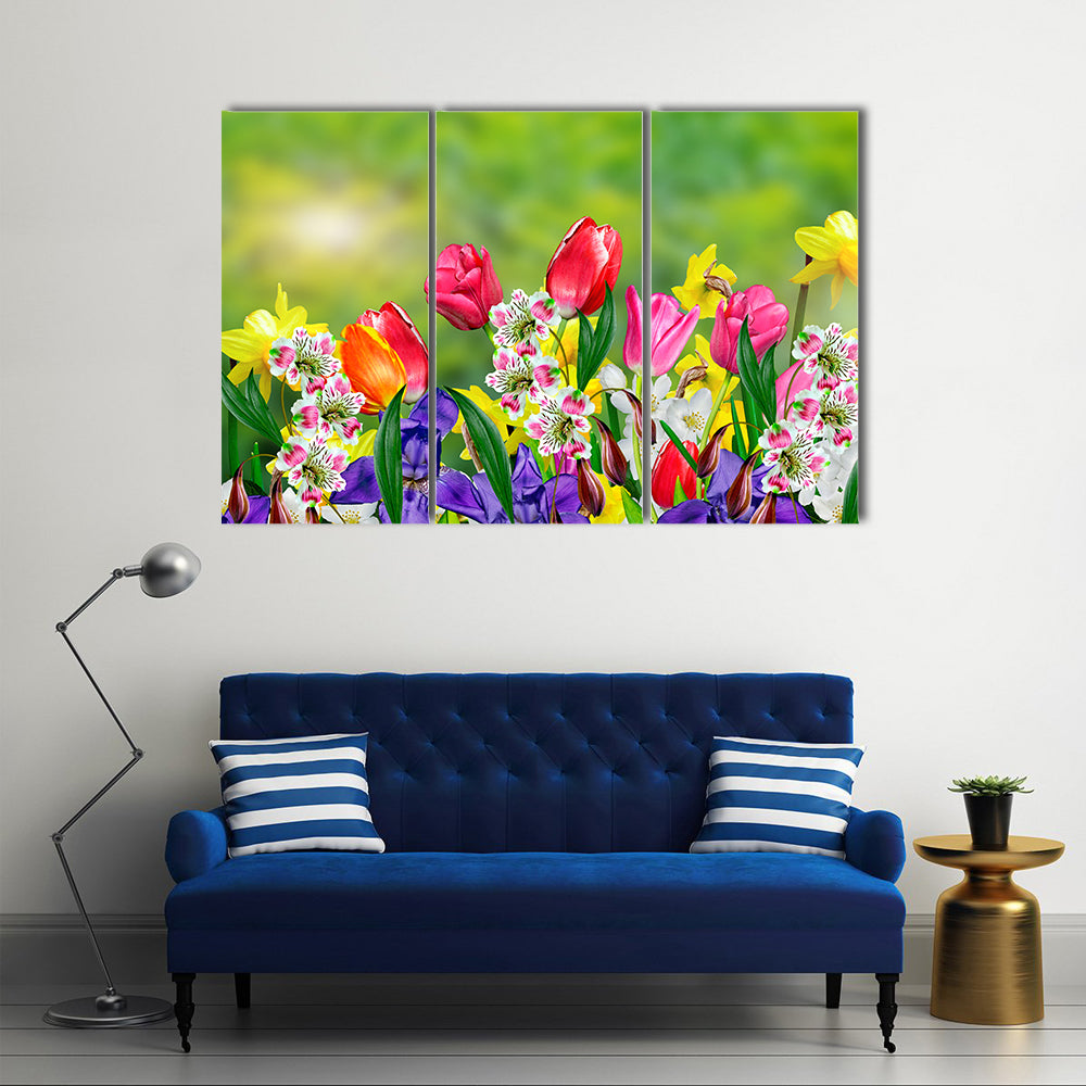 Daffodils And Tulips Blossomed In The Spring, Multi Panel Canvas Wall Art