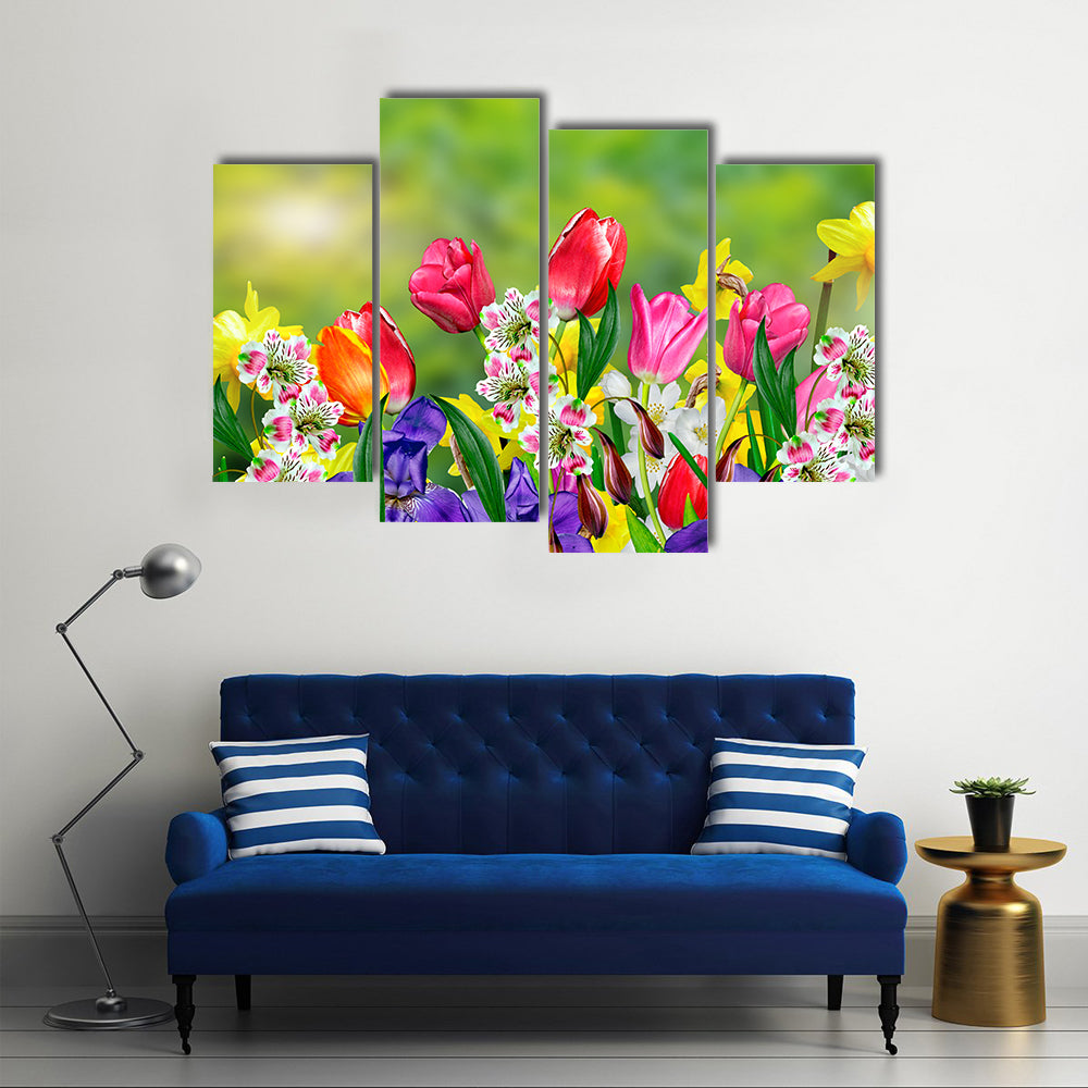 Daffodils And Tulips Blossomed In The Spring, Multi Panel Canvas Wall Art