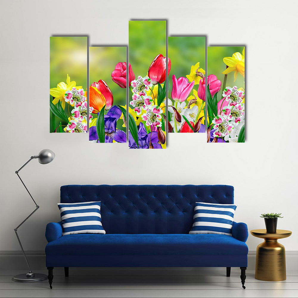Daffodils And Tulips Blossomed In The Spring, Multi Panel Canvas Wall Art
