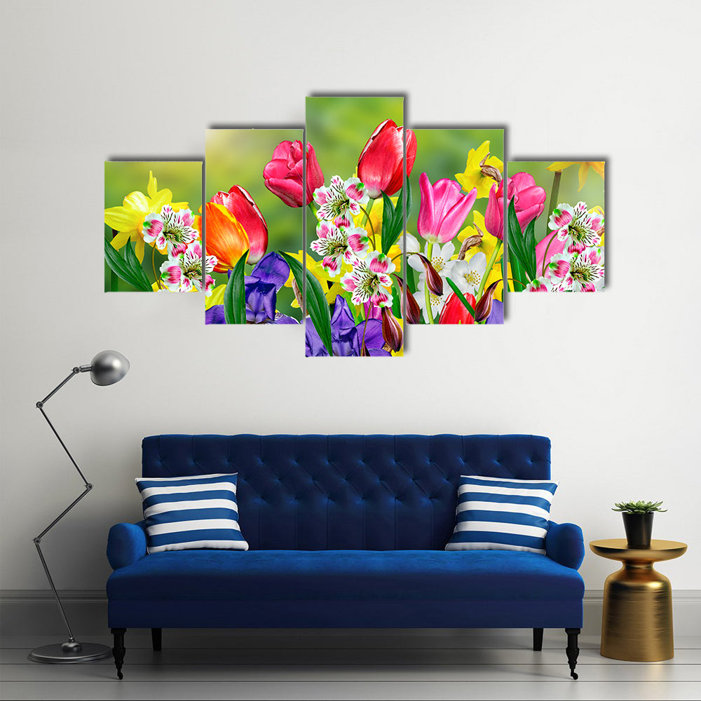 Daffodils And Tulips Blossomed In The Spring, Multi Panel Canvas Wall Art