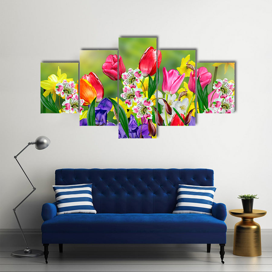 Daffodils And Tulips Blossomed In The Spring, Multi Panel Canvas Wall Art