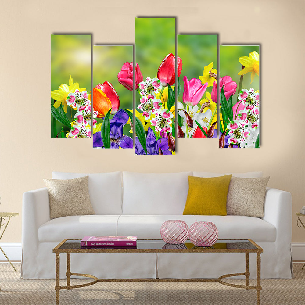 Spring flowers daffodils and tulips Multi Panel Canvas Wall Art