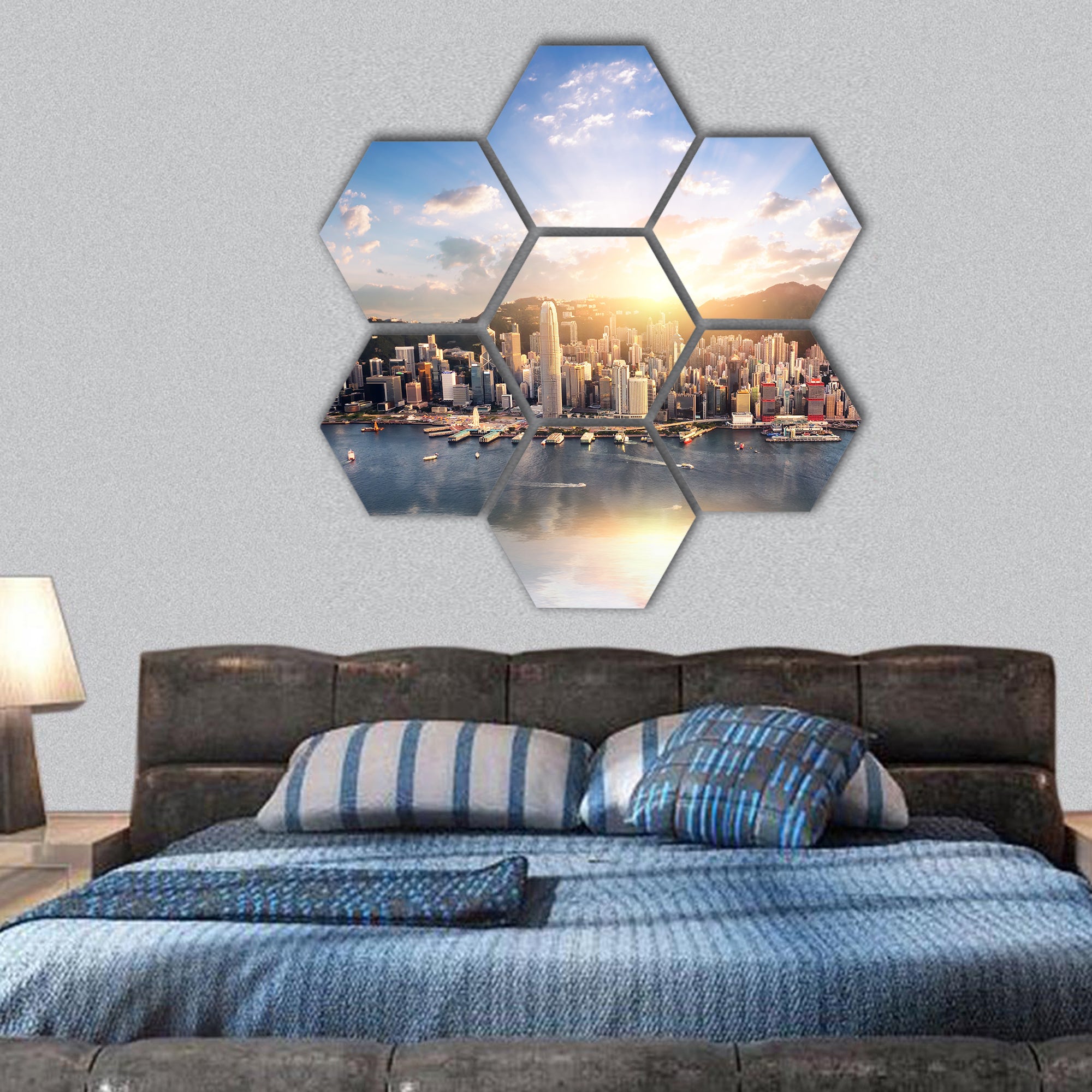Hong Kong city skyline, harbor with skyscrapers buildings hexagonal canvas wall art