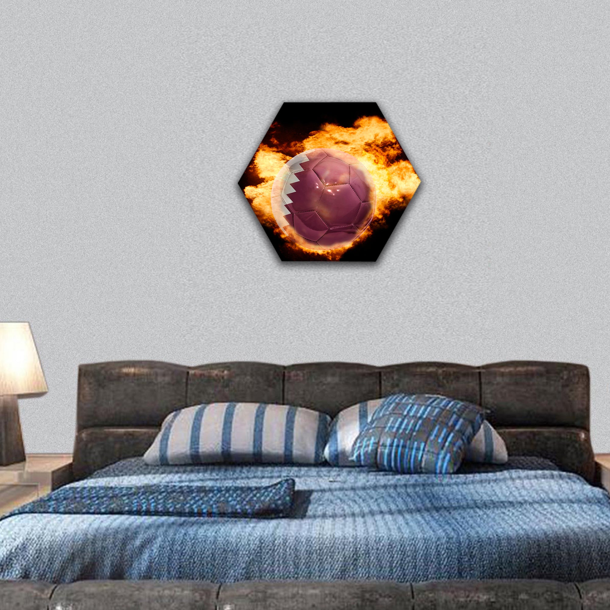 football ball with the national flag of qatar on fire hexagonal canvas wall art