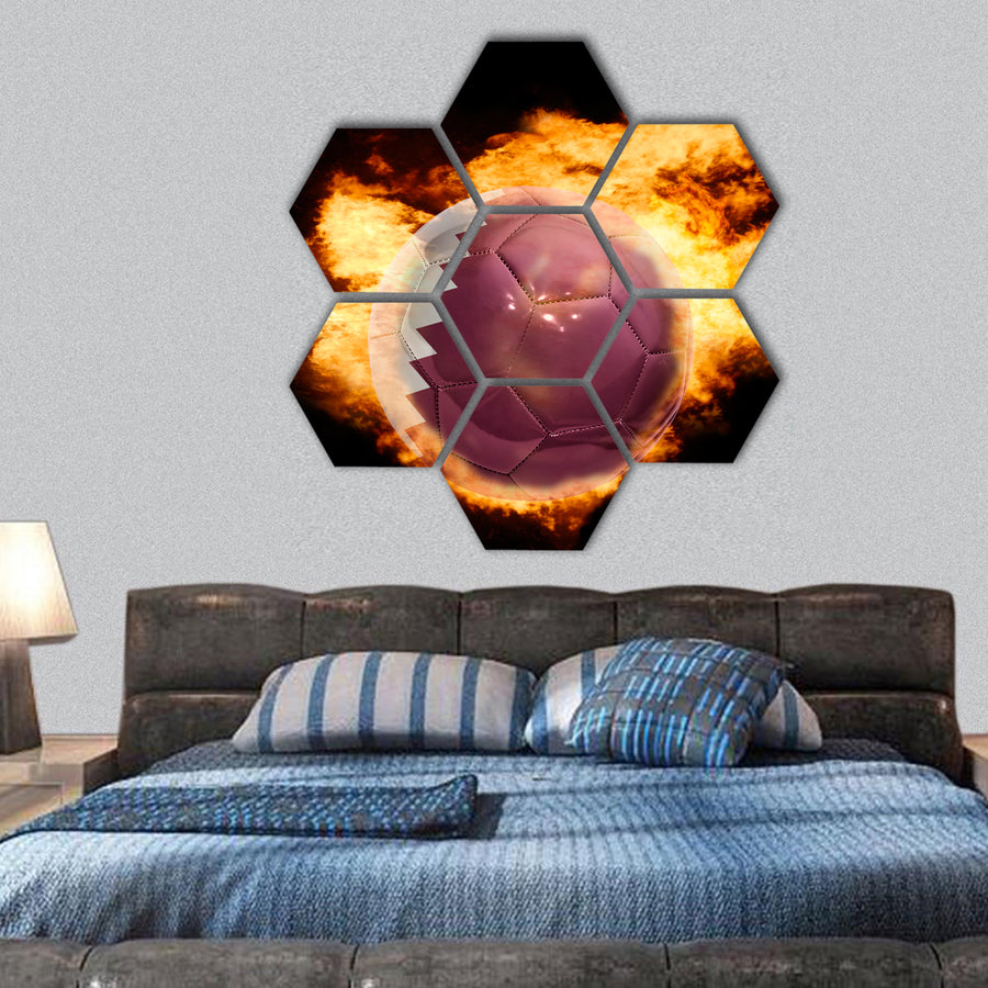 football ball with the national flag of qatar on fire hexagonal canvas wall art