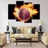 Football ball with the national flag of qatar on fire on a black Multi panel canvas wall art