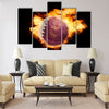 Football ball with the national flag of qatar on fire on a black Multi panel canvas wall art