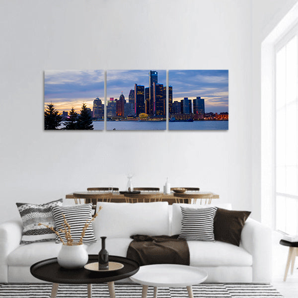 Detroit skyline with world headquarters along Detroit River Panoramic Canvas Wall Art