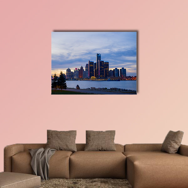 A view of Detroit skyline with the world headquarters Ontario Multi panel canvas wall art.
