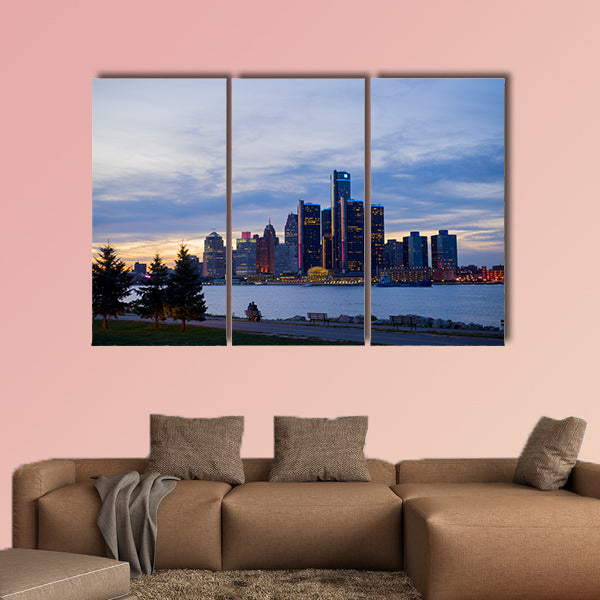 A view of Detroit skyline with the world headquarters Ontario Multi panel canvas wall art.