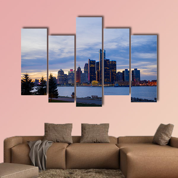 A view of Detroit skyline with the world headquarters Ontario Multi panel canvas wall art.