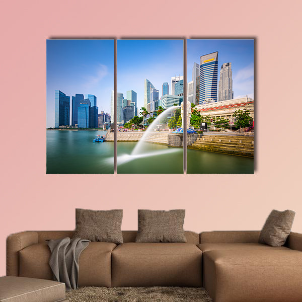 Singapore skyline at the Merlion fountain multi panel canvas wall art