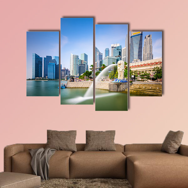 Singapore skyline at the Merlion fountain multi panel canvas wall art