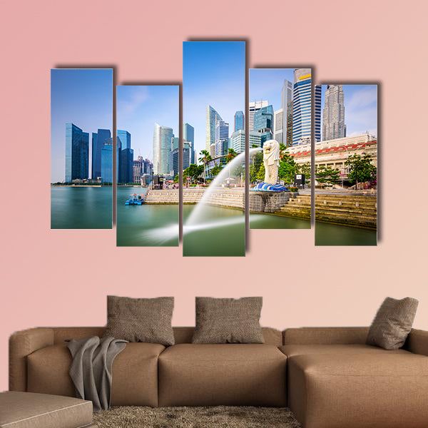 Singapore skyline at the Merlion fountain multi panel canvas wall art