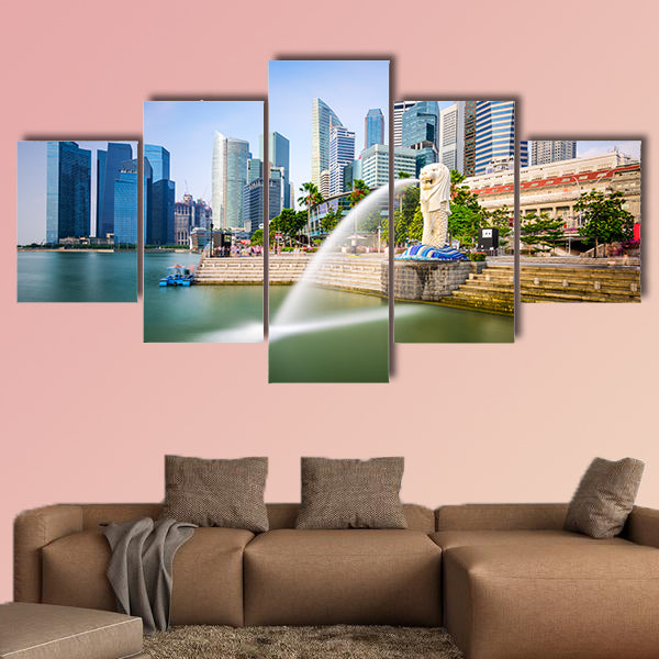 Singapore skyline at the Merlion fountain multi panel canvas wall art