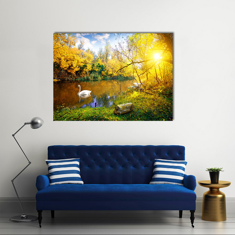 White Swan on Lake in Autumn Forest Multi Panel Canvas Wall Art