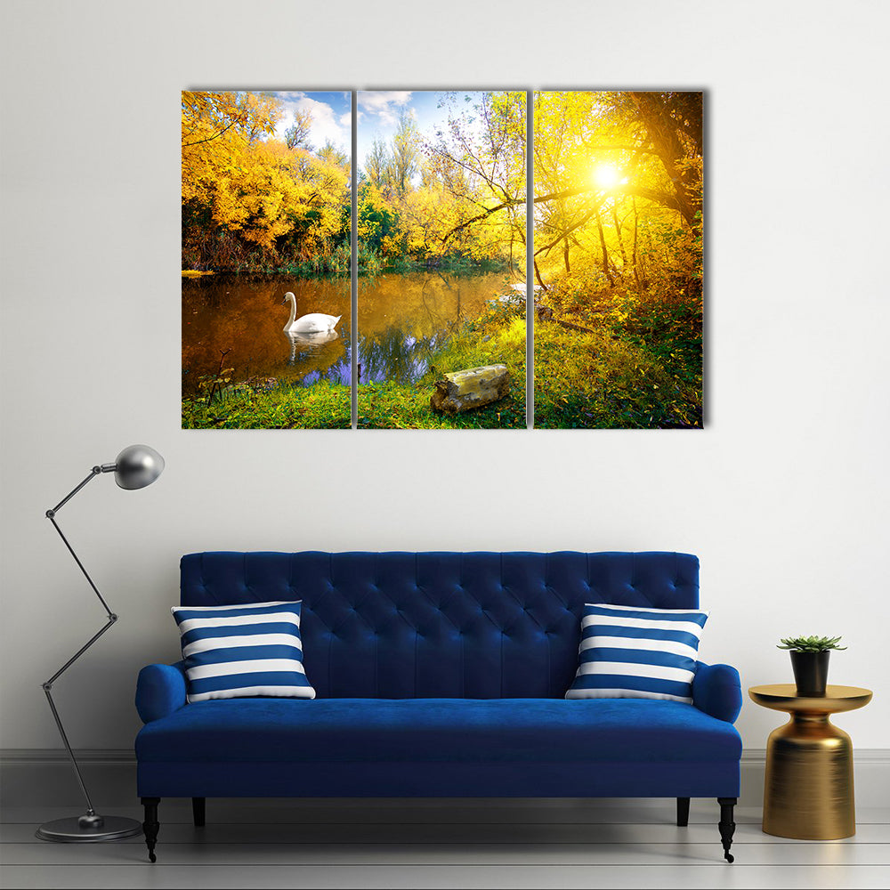 White Swan on Lake in Autumn Forest Multi Panel Canvas Wall Art