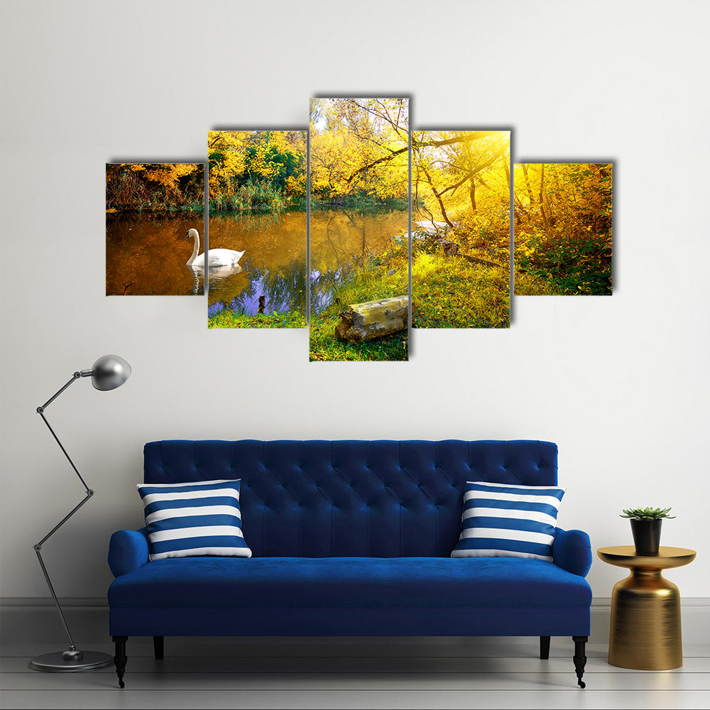 White Swan on Lake in Autumn Forest Multi Panel Canvas Wall Art