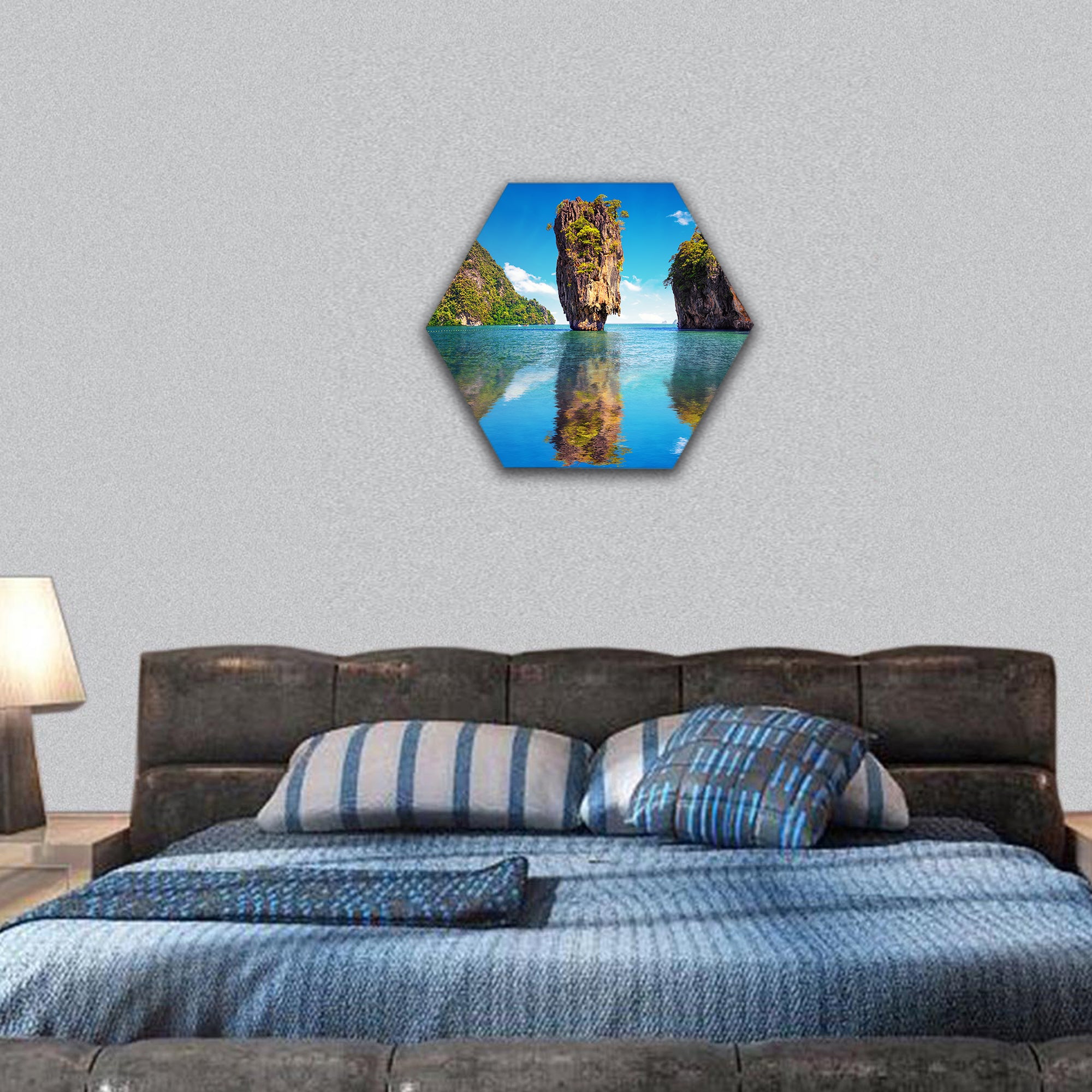 James Bond island reflects in water near Phuket hexagonal canvas wall art