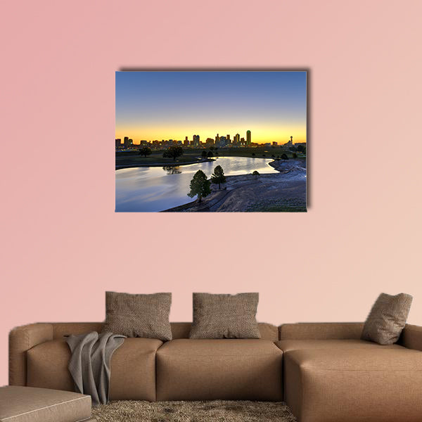 Downtown Dallas skyline at sunrise in Texas USA from the trinity river Multi panel canvas wall art