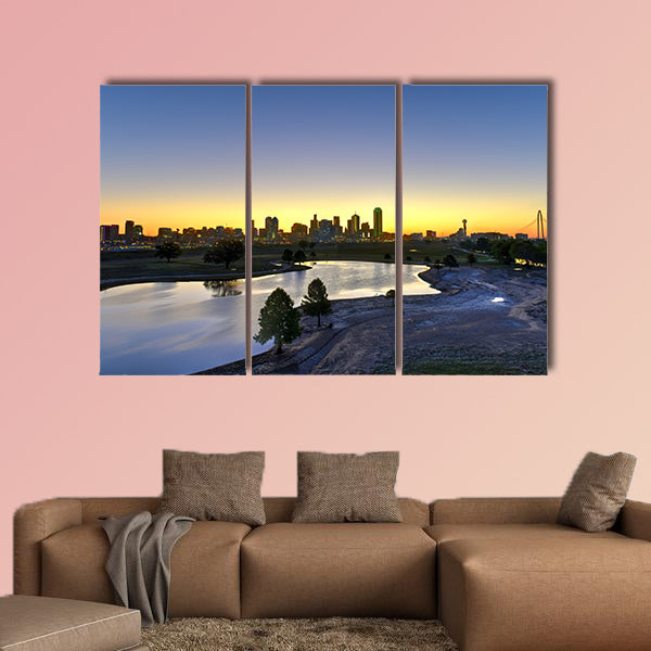 Downtown Dallas skyline at sunrise in Texas USA from the trinity river Multi panel canvas wall art
