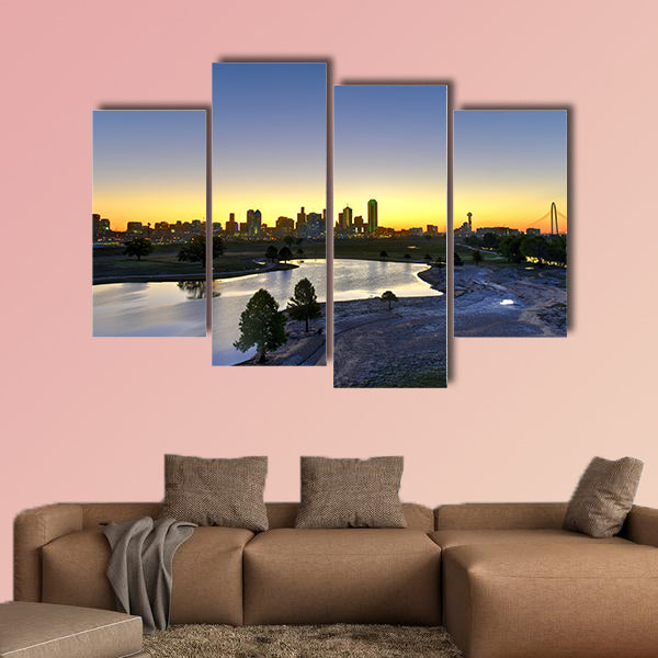 Downtown Dallas skyline at sunrise in Texas USA from the trinity river Multi panel canvas wall art