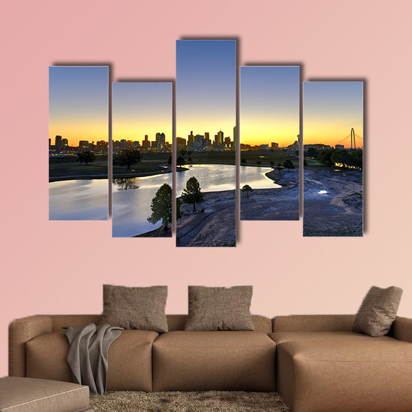 Downtown Dallas skyline at sunrise in Texas USA from the trinity river Multi panel canvas wall art