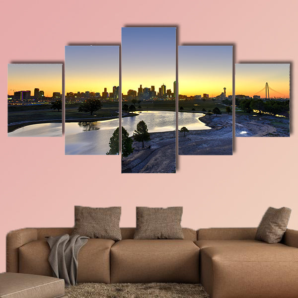 Downtown Dallas skyline at sunrise in Texas USA from the trinity river Multi panel canvas wall art