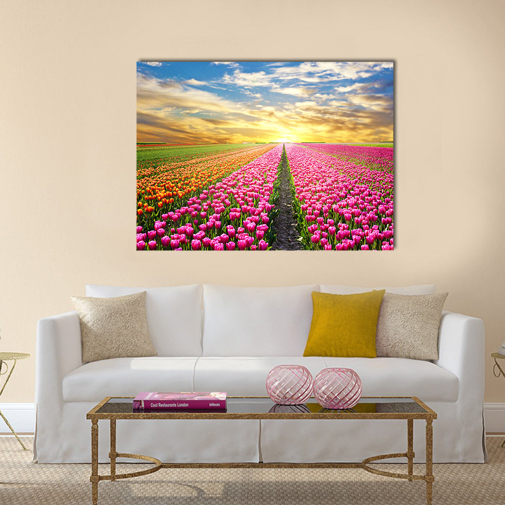 A magical landscape with sunrise over tulip field Multi Panel Canvas Wall Art