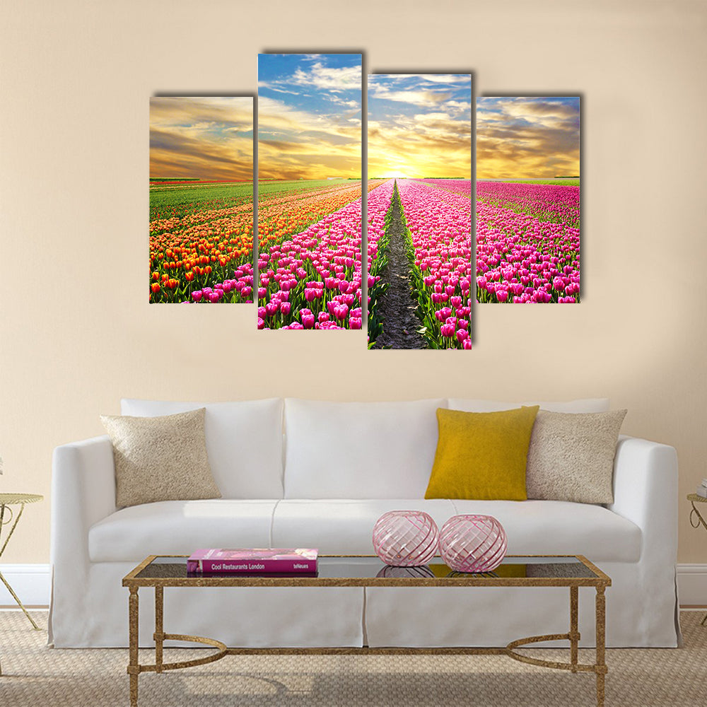 A magical landscape with sunrise over tulip field Multi Panel Canvas Wall Art
