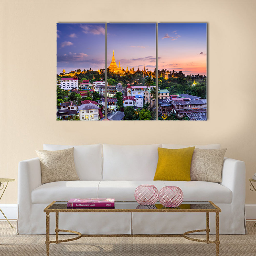Yangon, Myanmar skyline with Shwedagon Pagoda Multi panel canvas wall art