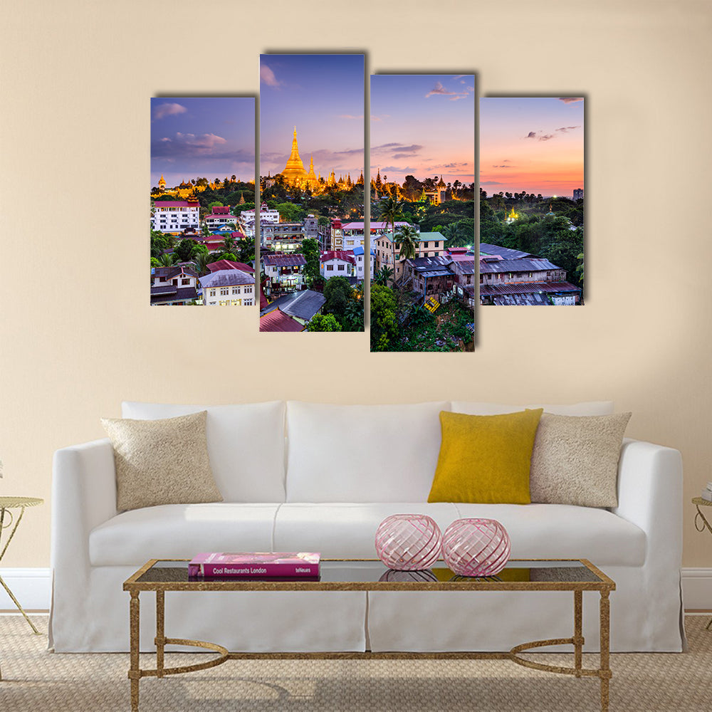 Yangon, Myanmar skyline with Shwedagon Pagoda Multi panel canvas wall art