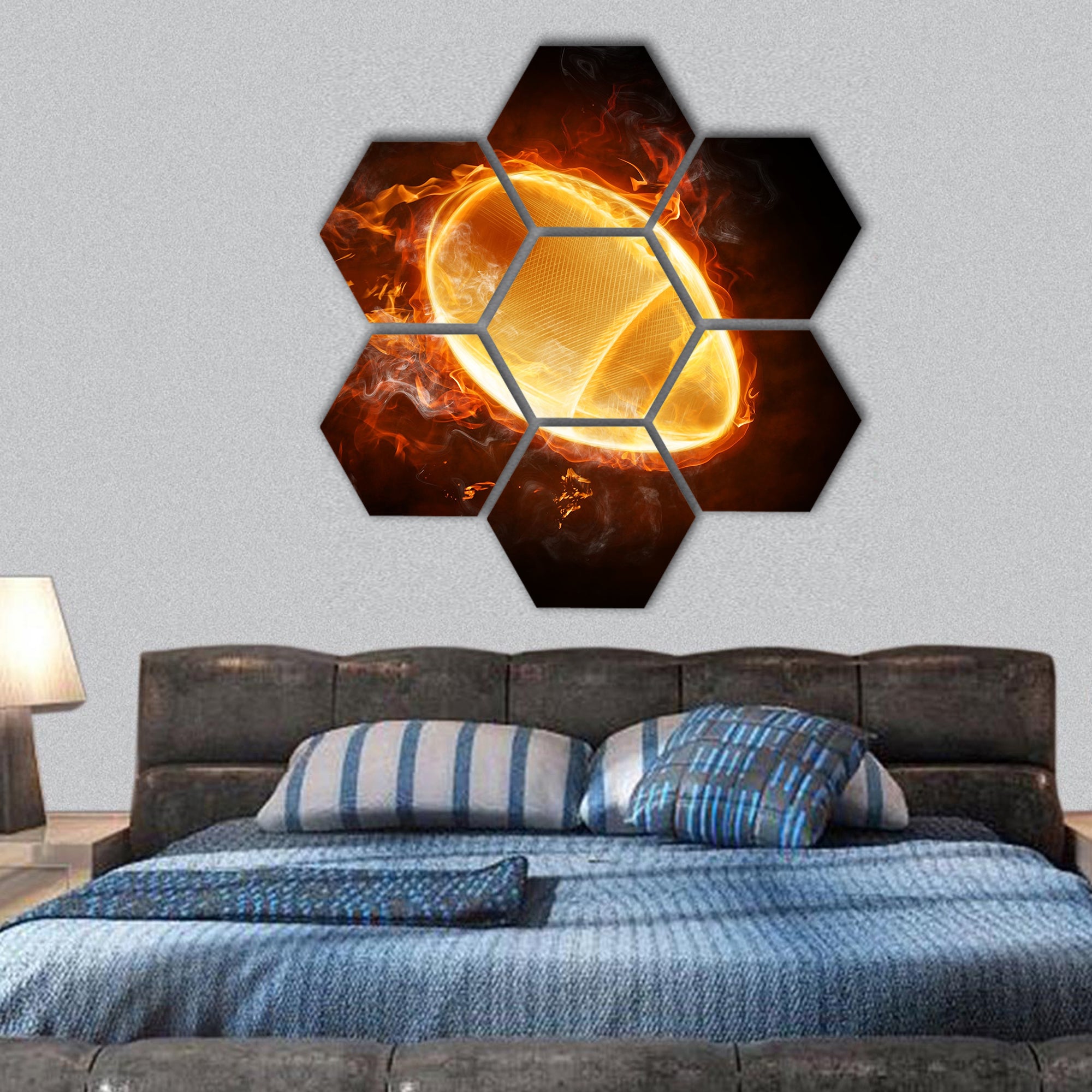 Bright flamey symbol on the black background hexagonal canvas wall art