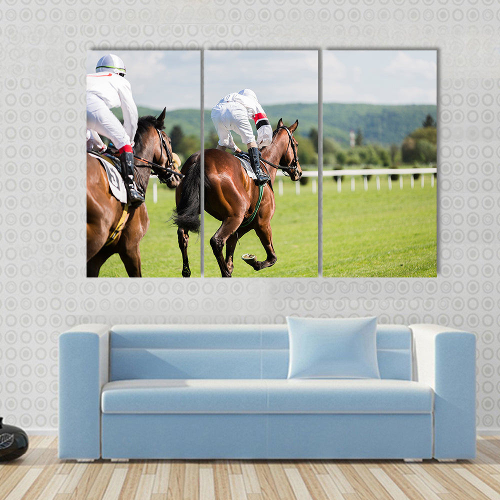 Two riders on the racing circuit competition Multi panel canvas wall art