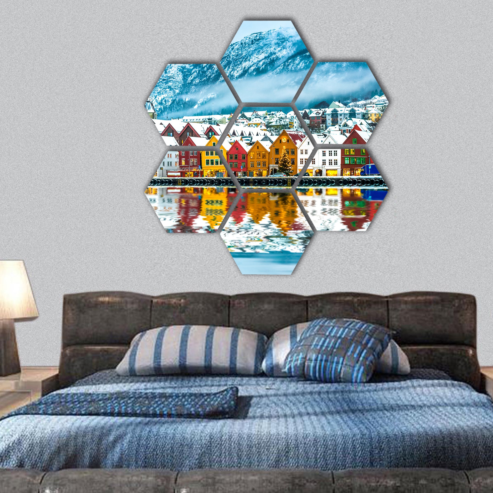 view on Bruges. Bergen Norway hexagonal canvas wall art