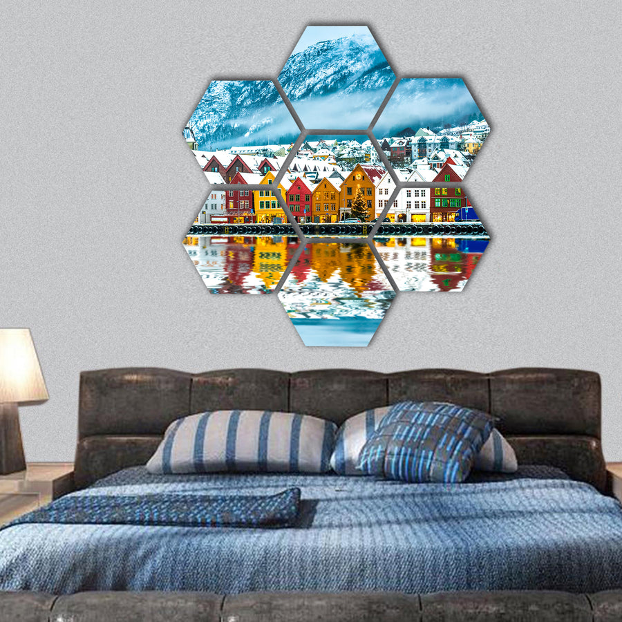 view on Bruges. Bergen Norway hexagonal canvas wall art