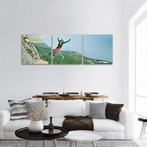 Base-jumper from the cliff panoramic canvas wall art