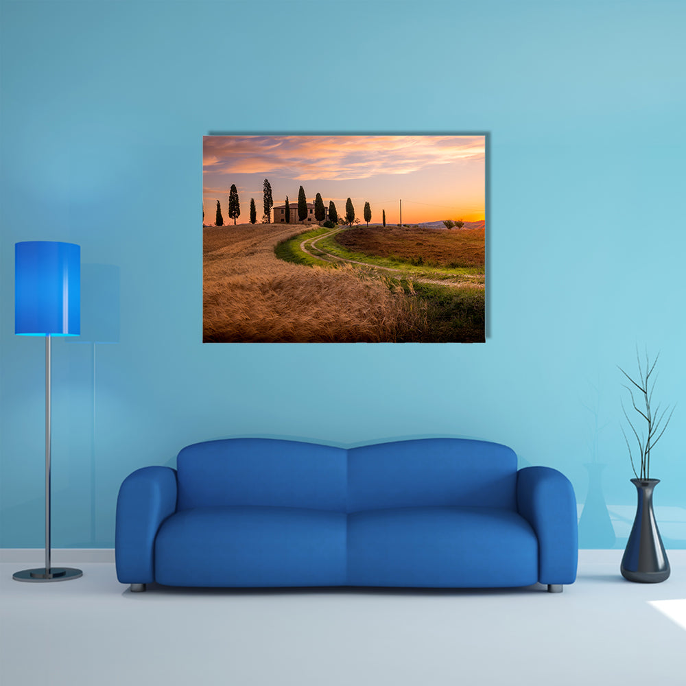 Tuscan sunrise landscape with farmhouse and cypress trees multi panel canvas wall art