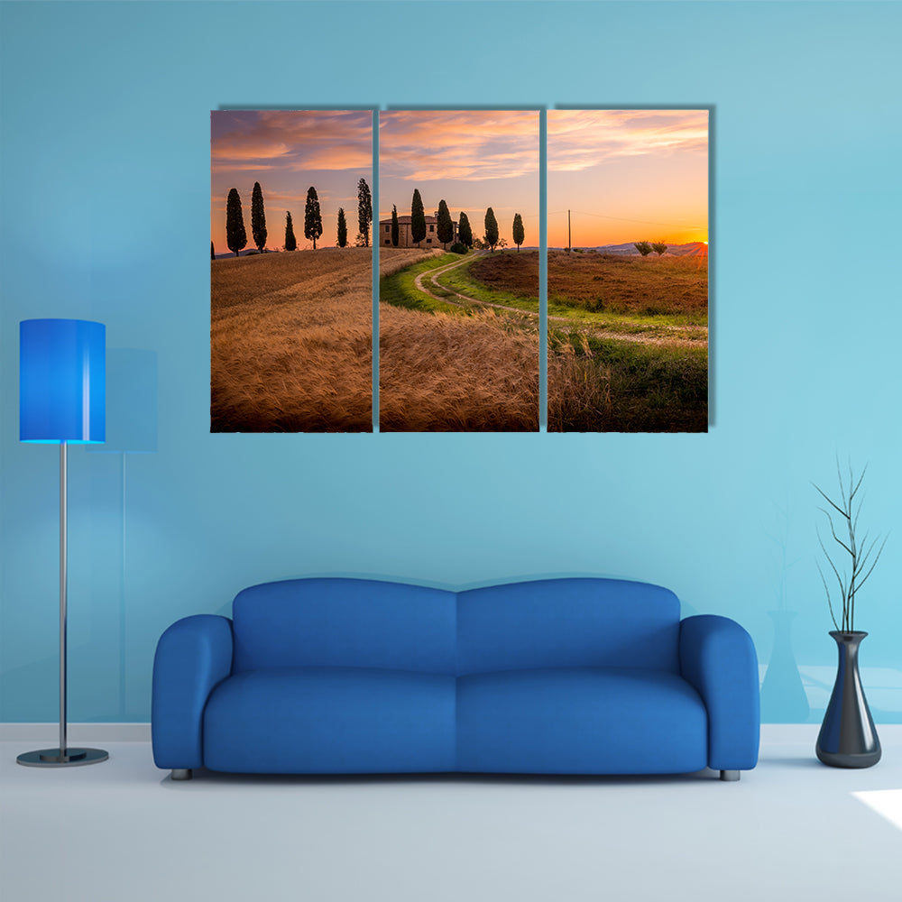 Tuscan sunrise landscape with farmhouse and cypress trees multi panel canvas wall art