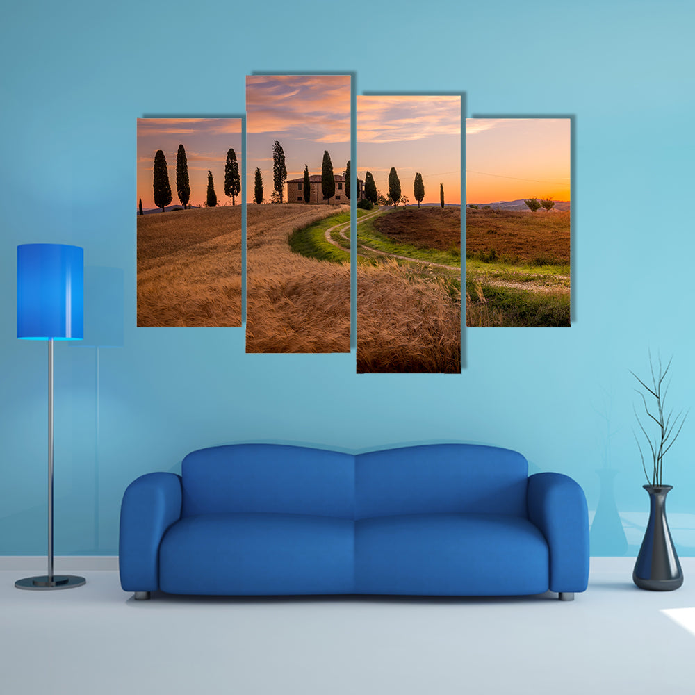 Tuscan sunrise landscape with farmhouse and cypress trees multi panel canvas wall art