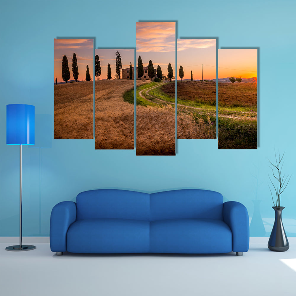 Tuscan sunrise landscape with farmhouse and cypress trees multi panel canvas wall art